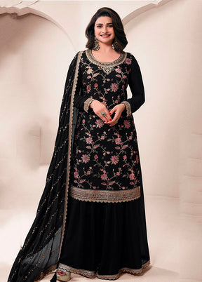 3 Pc Black Silk Sharara Suit Set