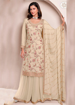 3 Pc Cream Silk Sharara Suit Set