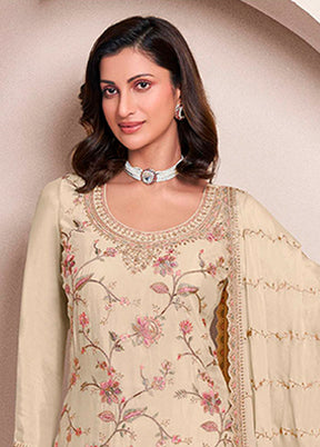 3 Pc Cream Silk Sharara Suit Set