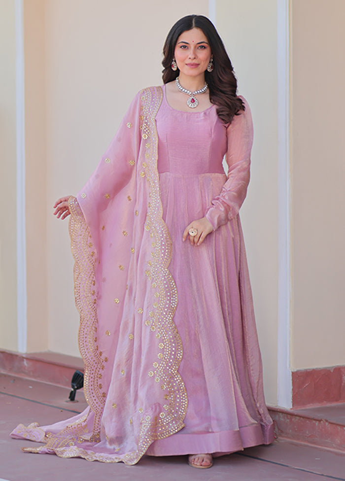 Pink Embroidery Work Silk Gown With Dupatta Set
