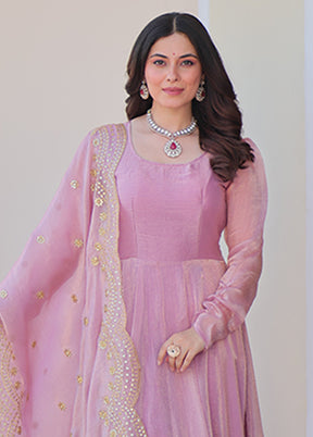 Pink Embroidery Work Silk Gown With Dupatta Set