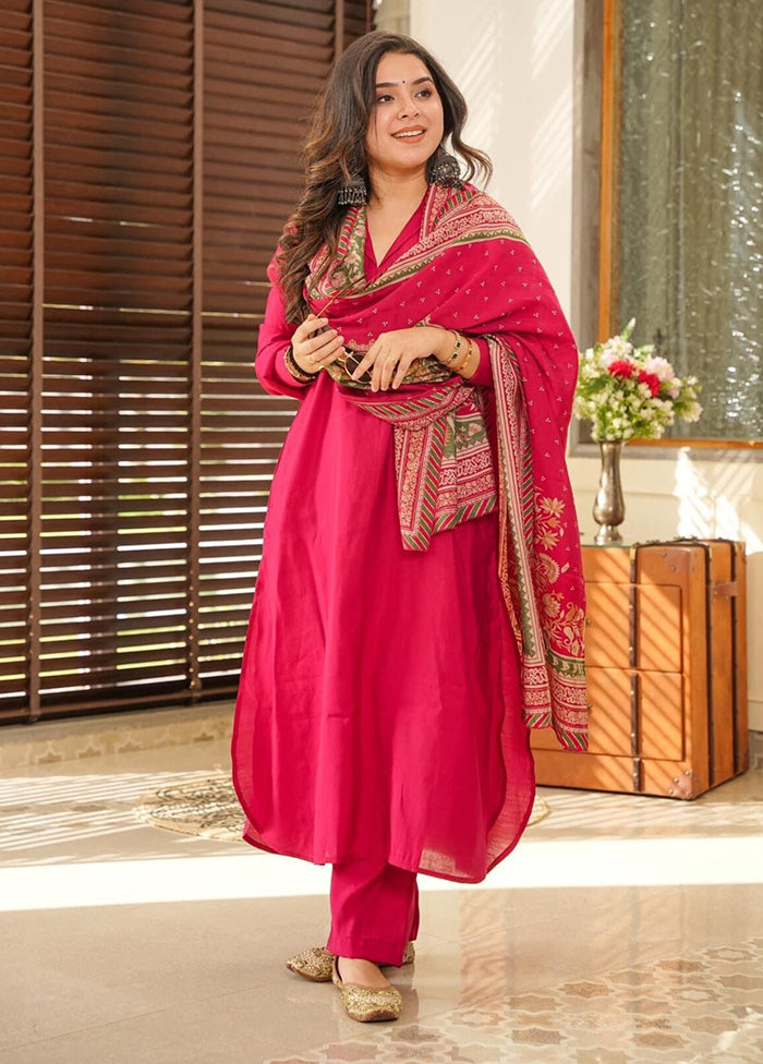 3 Pc Pink Readymade Cotton Dupatta Suit Set