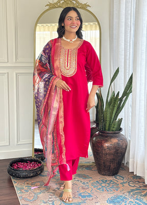 3 Pc Pink Readymade Chanderi Dupatta Suit Set