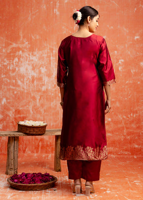 3 Pc Maroon Readymade Cotton Dupatta Suit Set