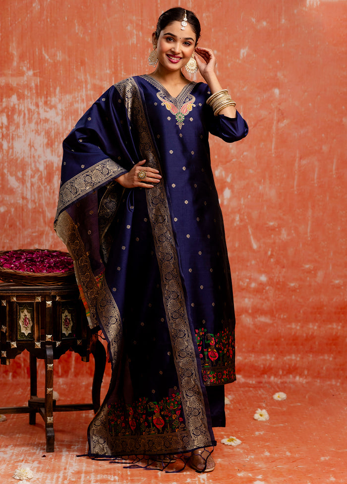 3 Pc Blue Readymade Cotton Dupatta Suit Set
