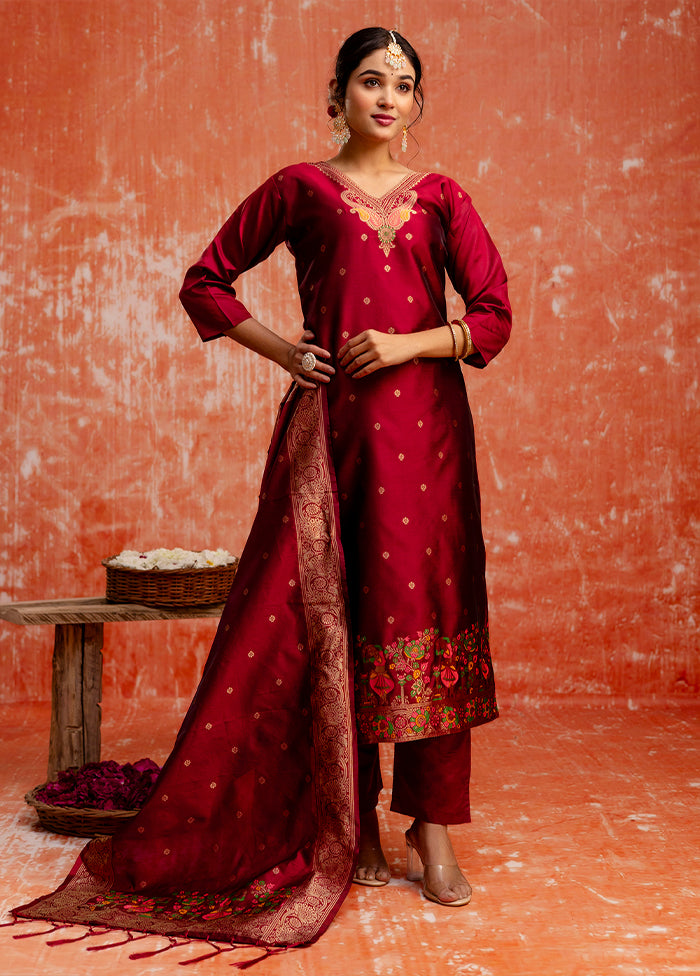 3 Pc Maroon Readymade Cotton Dupatta Suit Set