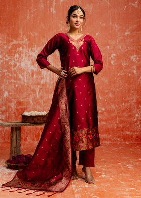 3 Pc Maroon Readymade Cotton Dupatta Suit Set