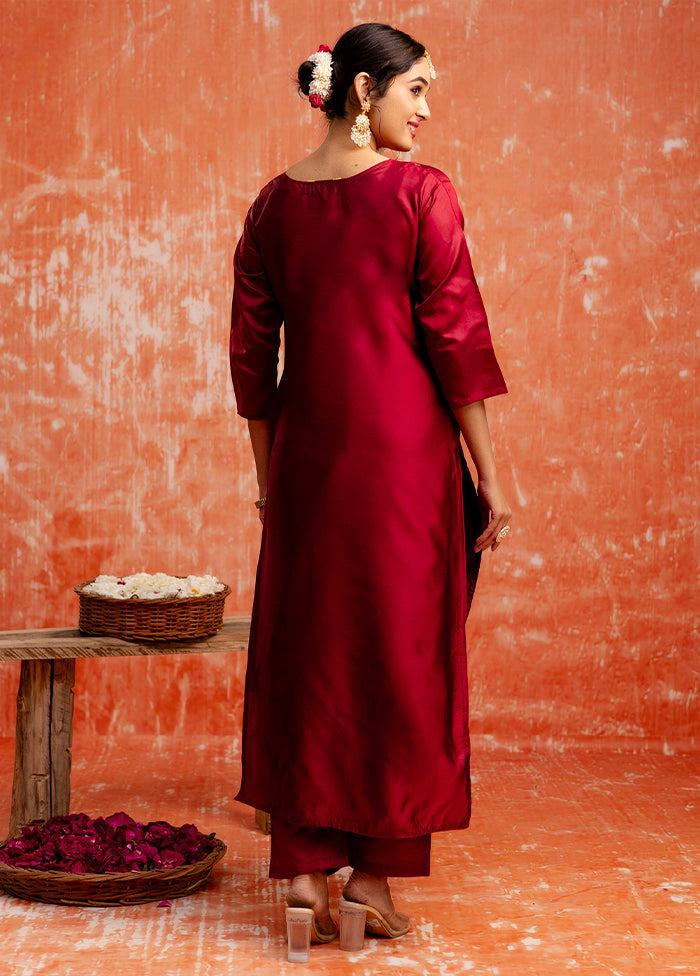 3 Pc Maroon Readymade Cotton Dupatta Suit Set