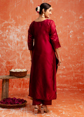3 Pc Maroon Readymade Cotton Dupatta Suit Set