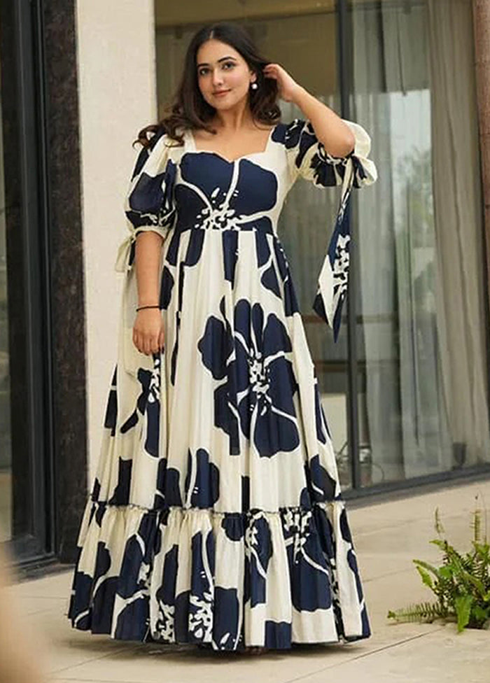 Blue Printed Work Cotton Gown