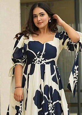 Blue Printed Work Cotton Gown