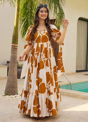 Yellow Printed Work Cotton Gown