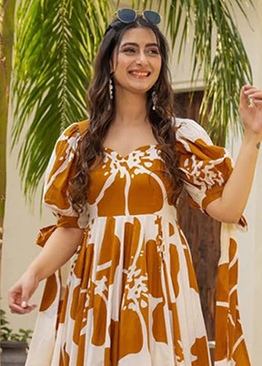 Yellow Printed Work Cotton Gown