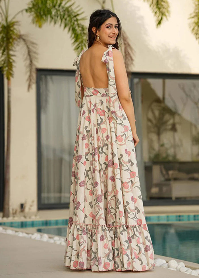 Cream Printed Work Cotton Gown