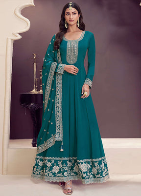 3 Pc Green Silk Anarkali Suit Set