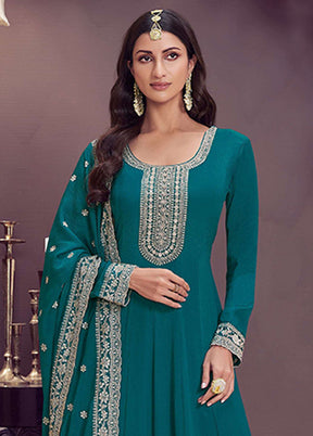 3 Pc Green Silk Anarkali Suit Set