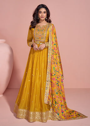 Yellow Embroidery Work Silk Anarkali Suits
