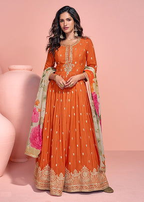 Orange Embroidery Work Silk Anarkali Suits