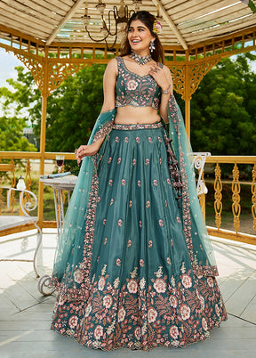 Green Blended Silk Lehenga Set