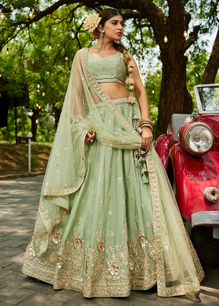 Green Blended Silk Lehenga Set