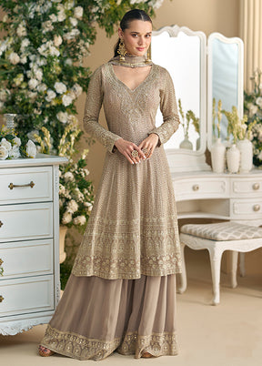 3 Pc Brown Georgette Palazzo Suit Set