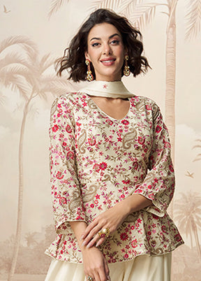 3 Pc White Silk Palazzo Suit Set