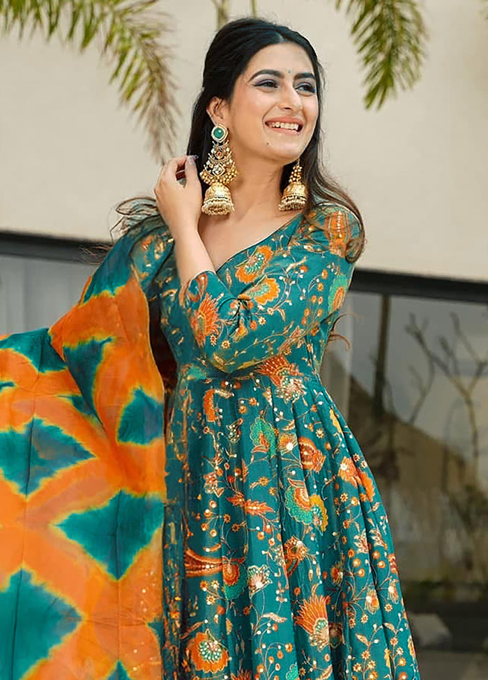 Green Printed Work Silk Gown With Dupatta Set