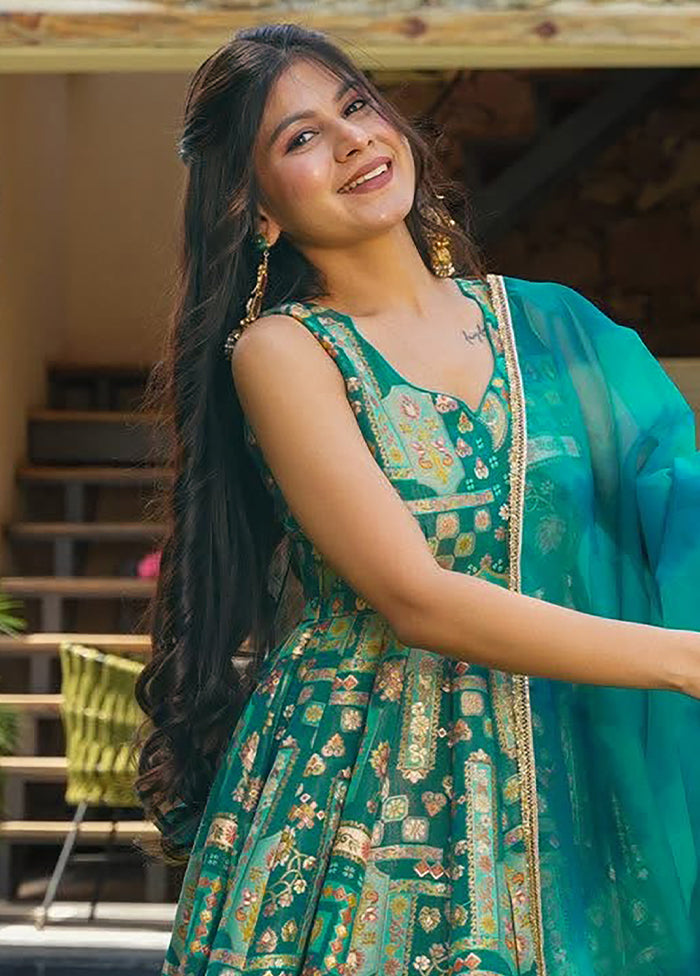 Green Printed Work Silk Gown With Dupatta Set Green Printed Work Silk Gown With Dupatta Set