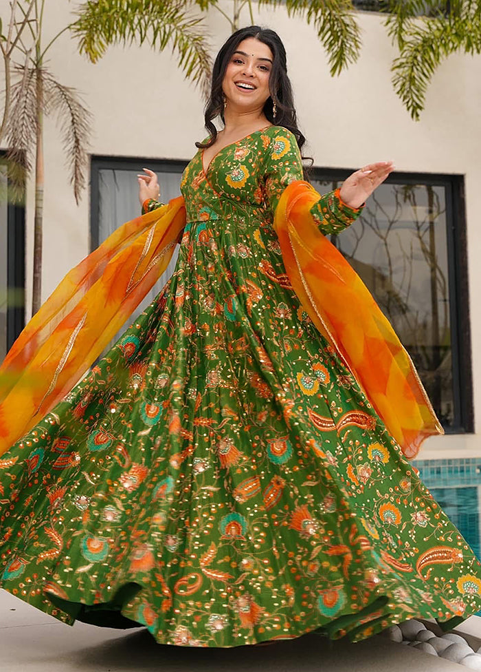 Green Printed Work Silk Gown With Dupatta Set