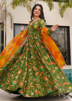 Green Printed Work Silk Gown With Dupatta Set