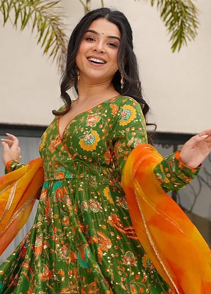 Green Printed Work Silk Gown With Dupatta Set