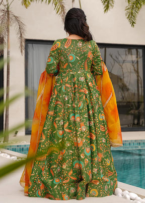Green Printed Work Silk Gown With Dupatta Set
