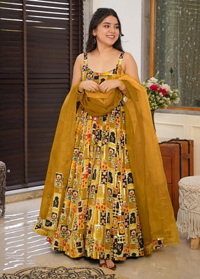 Green Printed Work Silk Gown With Dupatta Set