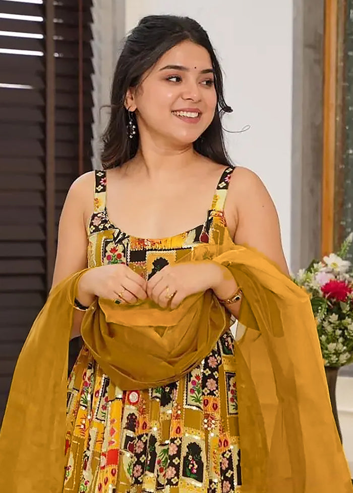 Green Printed Work Silk Gown With Dupatta Set