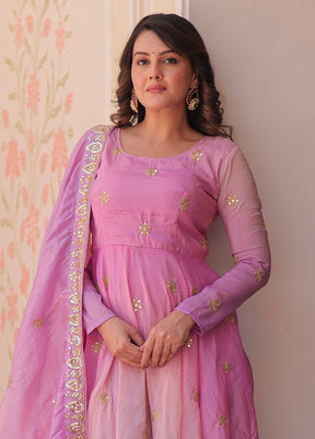 Pink Embroidery Work Organza Gown With Dupatta Set