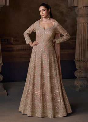 Peach Embroidery Work Silk Anarkali Suits