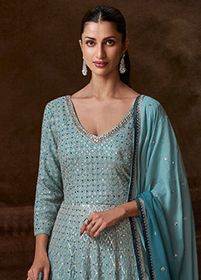 Blue Embroidery Work Silk Anarkali Suits