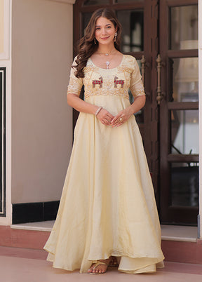 Cream Embroidery Work Silk Gown