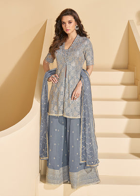 3 Pc Grey Georgette Plazzo Suits Set