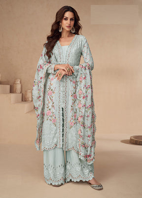 3 Pc Grey Silk Plazzo Suits Set