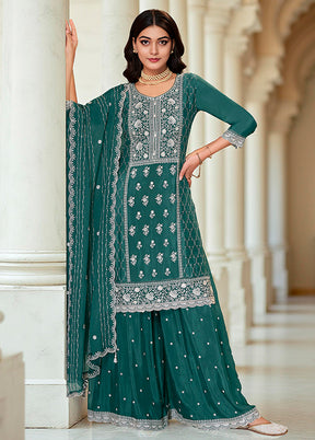 3 Pc Green Silk Plazzo Suits Set