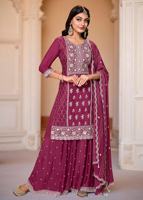 3 Pc Purple Silk Plazzo Suits Set