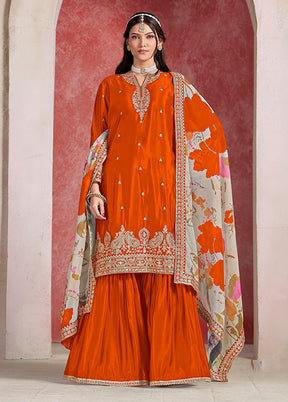 3 Pc Orange Silk Sharara Suits Set