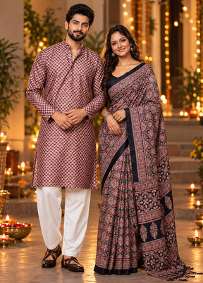 Akash Deep Jodi – Multicolor Printed Silk Saree & Wine Cotton Kurta Set