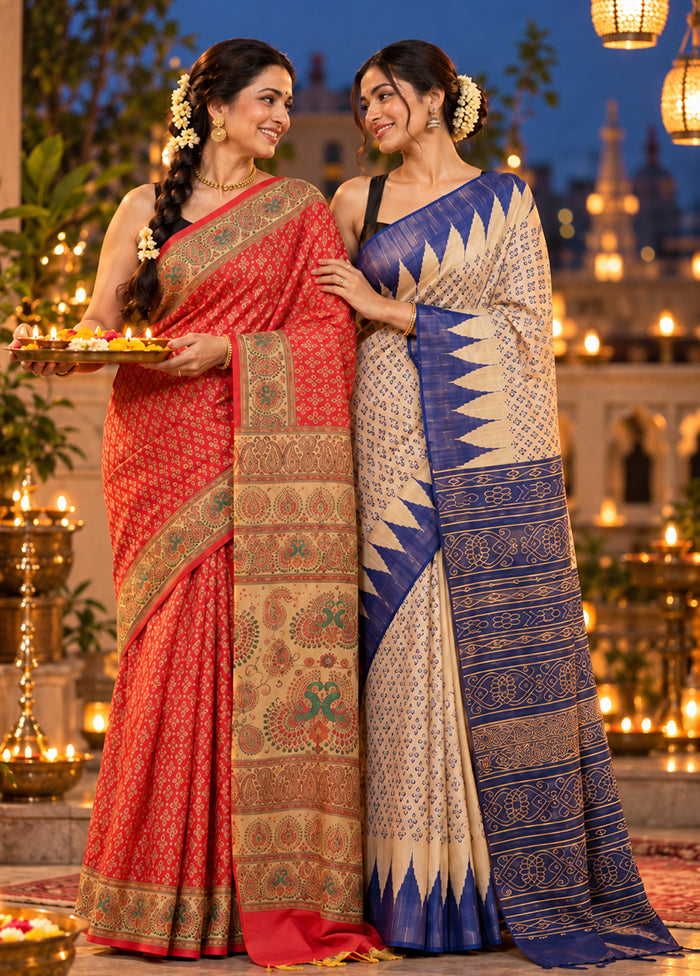 Ashirwad Duo – Red Printed Silk & Cream Tussar Sarees