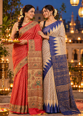 Ashirwad Duo – Red Printed Silk & Cream Tussar Sarees