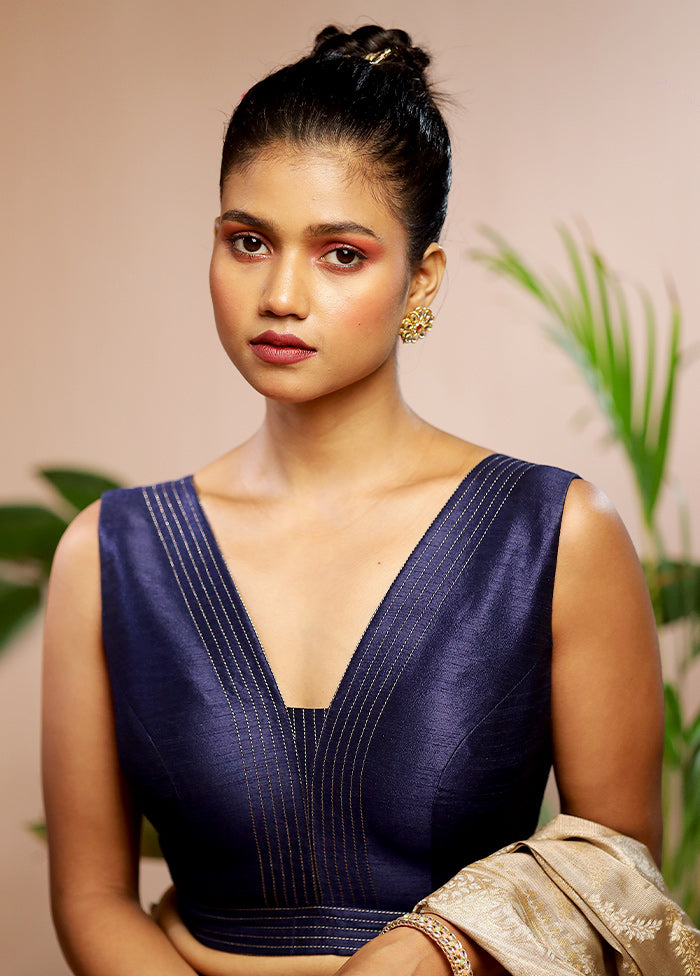 Navy Blue Dupion Silk Designer Blouse