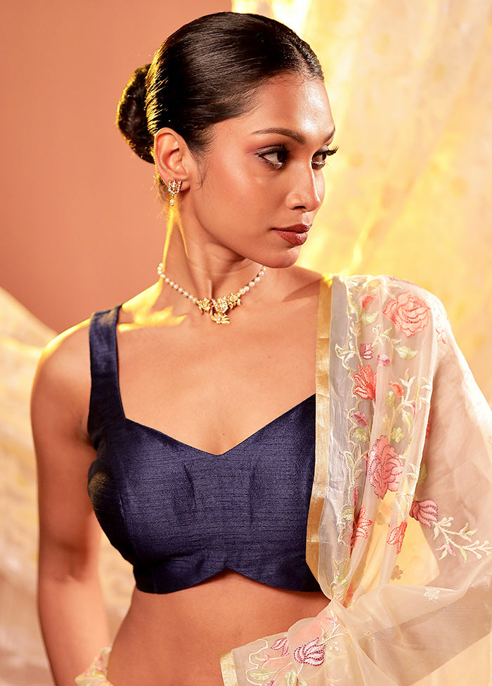 Navy Blue Pentagon Neck Designer Blouse