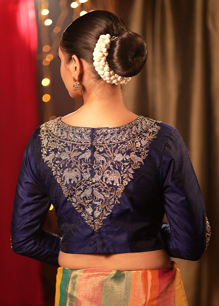 Navy Blue Raw Silk Designer Blouse