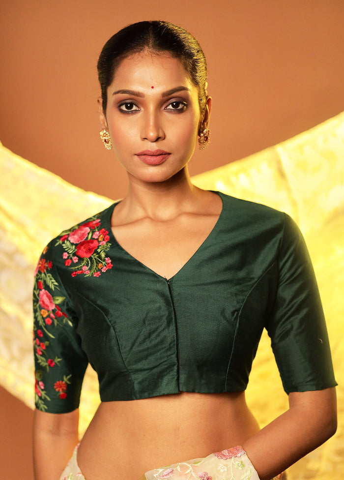 Bottle Green V Neck Designer Blouse Piece